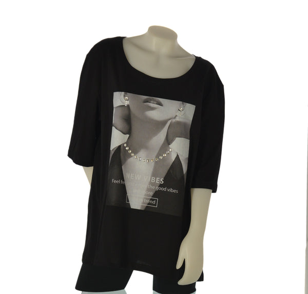 T-SHIRT DONNA SOPHIA TAGLIE OVER SCOLLO A GIRO COTONE STAMPA STRASS ART 26073