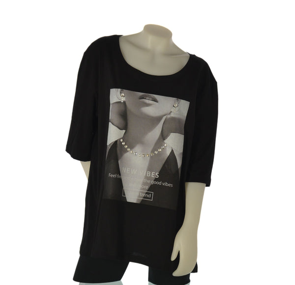 T-SHIRT DONNA SOPHIA TAGLIE OVER SCOLLO A GIRO COTONE STAMPA STRASS ART 26073