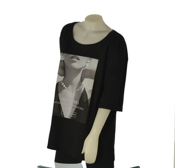 T-SHIRT DONNA SOPHIA TAGLIE OVER SCOLLO A GIRO COTONE STAMPA STRASS ART 26073