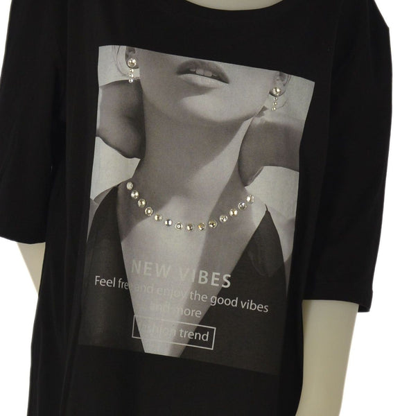 T-SHIRT DONNA SOPHIA TAGLIE OVER SCOLLO A GIRO COTONE STAMPA STRASS ART 26073