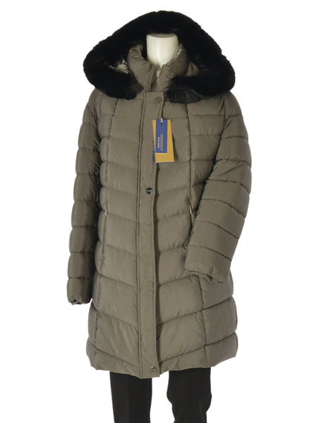 GIACCONE DONNA CONFORMATO ZIP AUTOMATICI TASCHE CAPPUCCIO ECOPELLICCIA MARCA VIRGINIA BLU ART CONF-GISELLA-42L