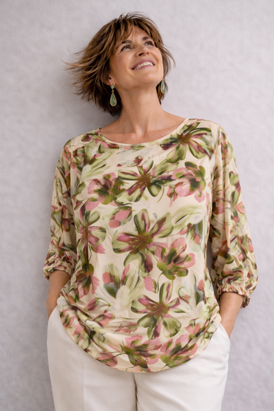 BLUSA DONNA CONFORMATA ELISA CASTELLI GIROCOLO MANICA TRE QUARTI ELASTICO FIORI MORBIDA ART.150019
