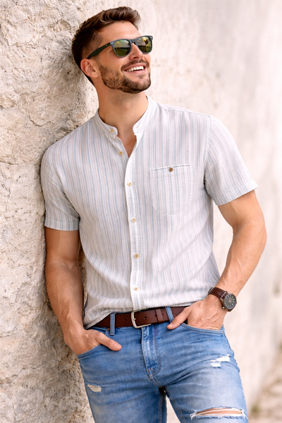 CAMICIA UOMO LOSAN MANICA CORTA COREANA TASCHINO LINO COTONE ART. LMNAP0102-26012