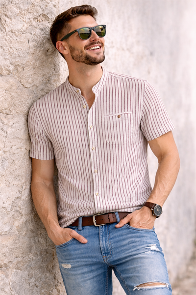CAMICIA UOMO LOSAN MANICA CORTA COREANA TASCHINO LINO COTONE ART. LMNAP0102-26012