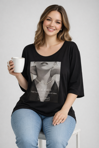 T-SHIRT DONNA SOPHIA TAGLIE OVER SCOLLO A GIRO COTONE STAMPA STRASS ART 26073