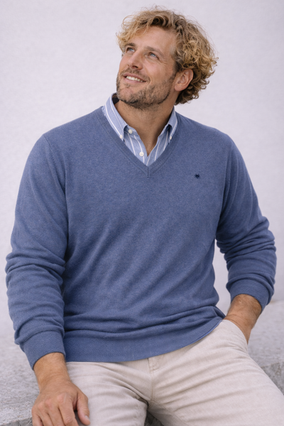 MAGLIONE UOMO IL GRANCHIO CONFORMATO COTONE SCOLLO V MANICA LUNGA POLSINI FASCIA LOGO ART.FEDRO26-V