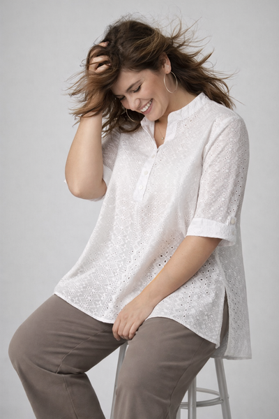 CAMICIA DONNA BARBARELLA CONFORMATA COREANA BOTTONI MEZZA MANICA SANGALLO ART.1019CX